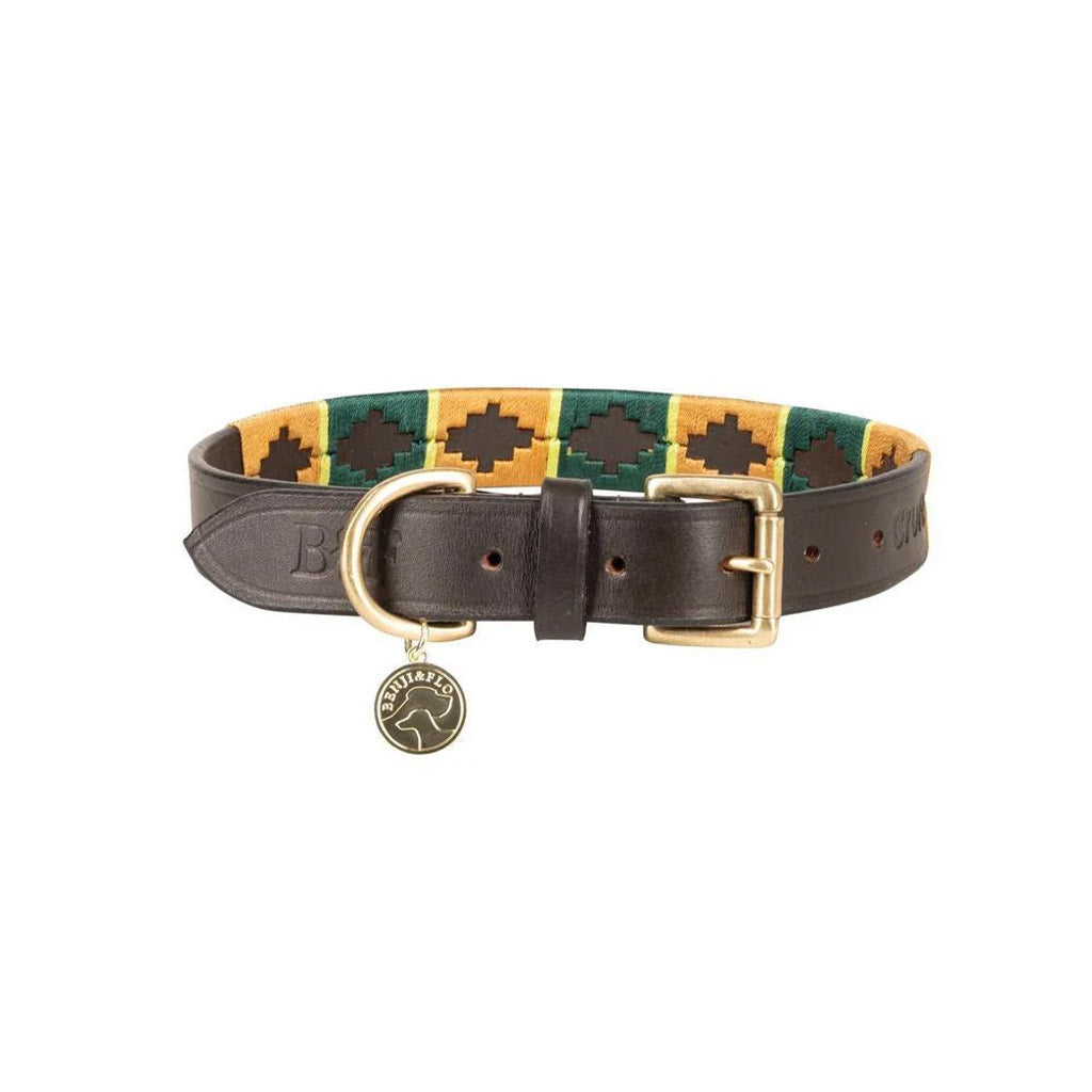 Benji & Flo Sublime Polo Leather Dog Collar - Green/Gold - X Small