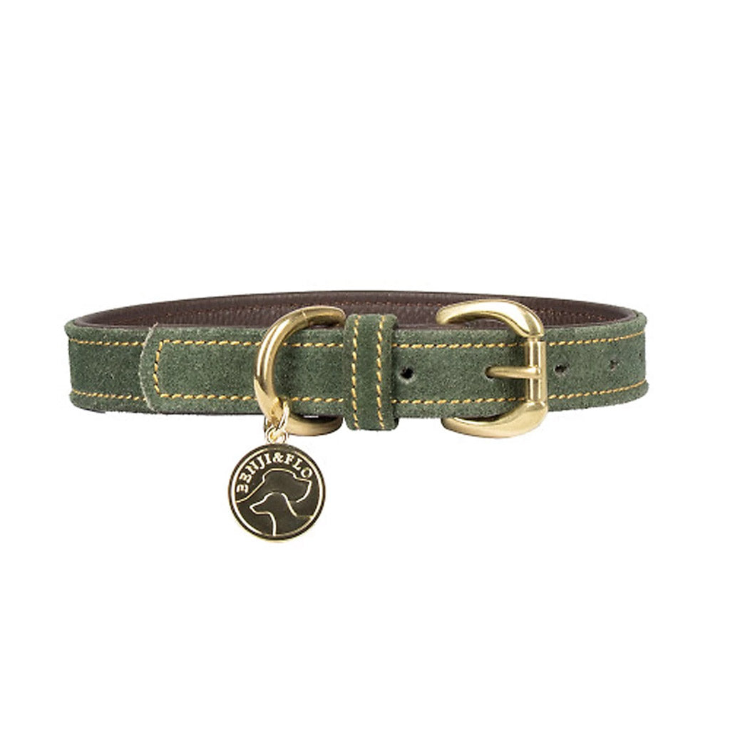 Benji & Flo Noble Suede Dog Collar - Green/Gold - X Small